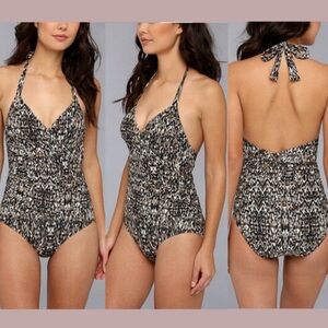 Speedo Surplice Ruched One Piece Black & White Exotic Print Halter Swimsuit